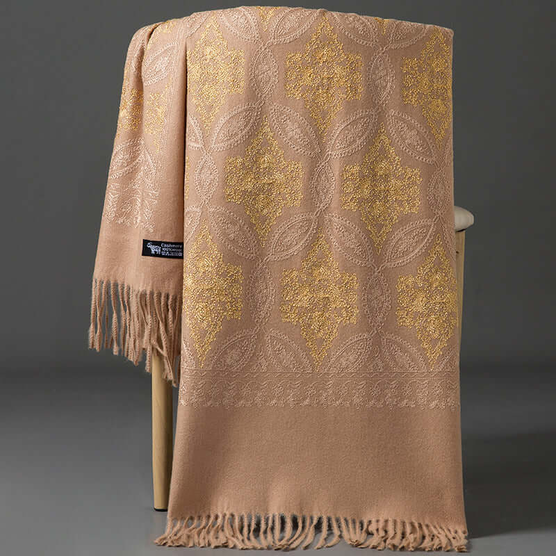 Women's Embroidered Golden Silk Lily Cashmere