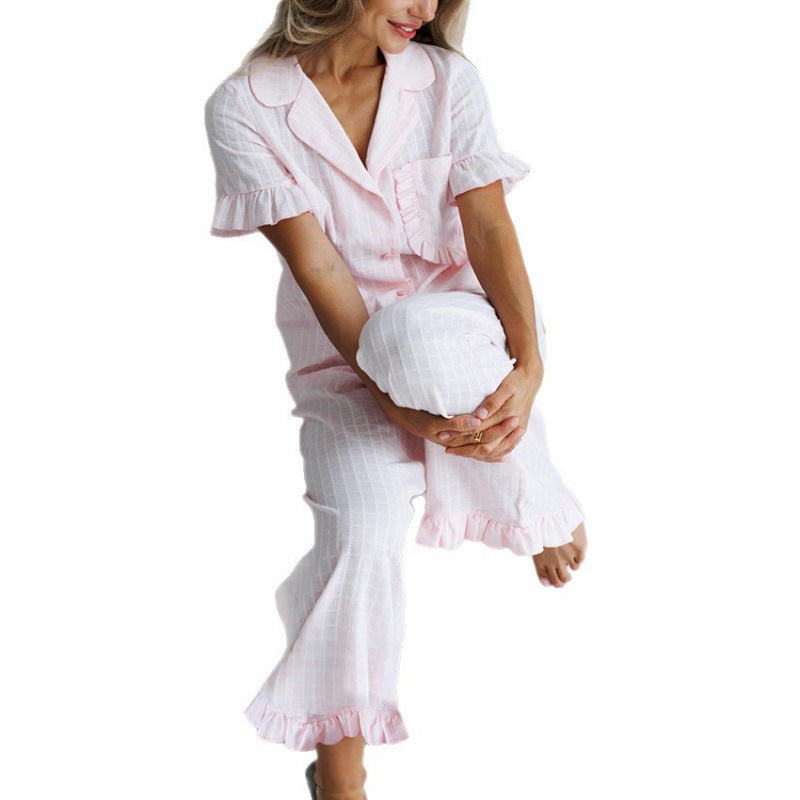 Women's Ruffled-edge Short-sleeve Pajama Set with Long Pants