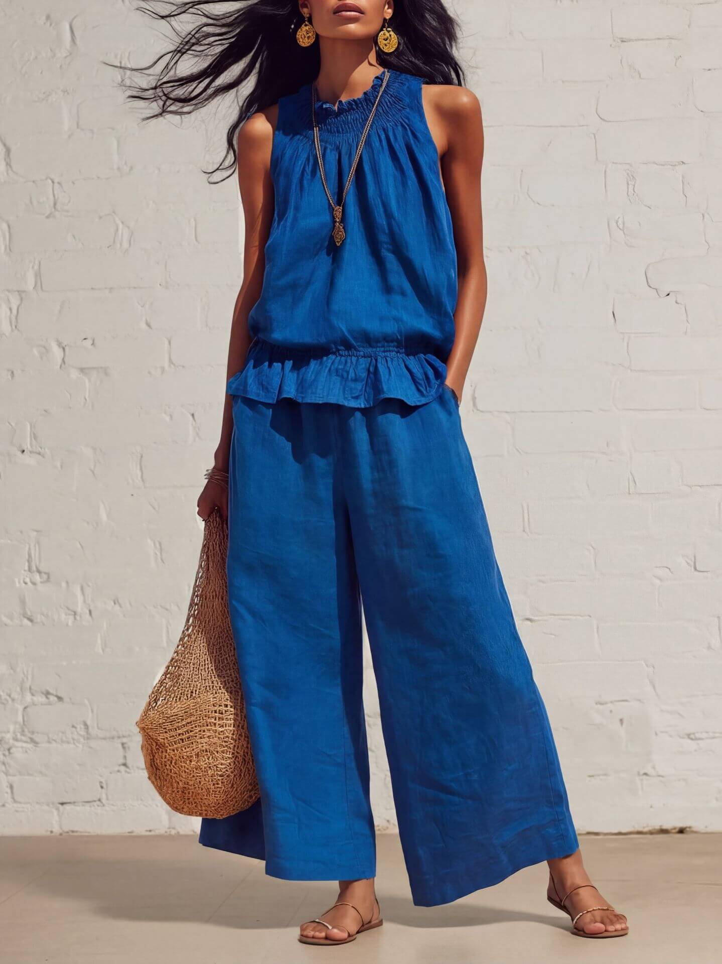Women's Two-Piece Set Retro Ruffled Cotton Knitted