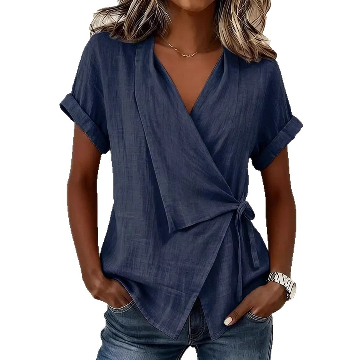 Women's Casual Lapel Collar Lace-Up Short-Sleeve Top