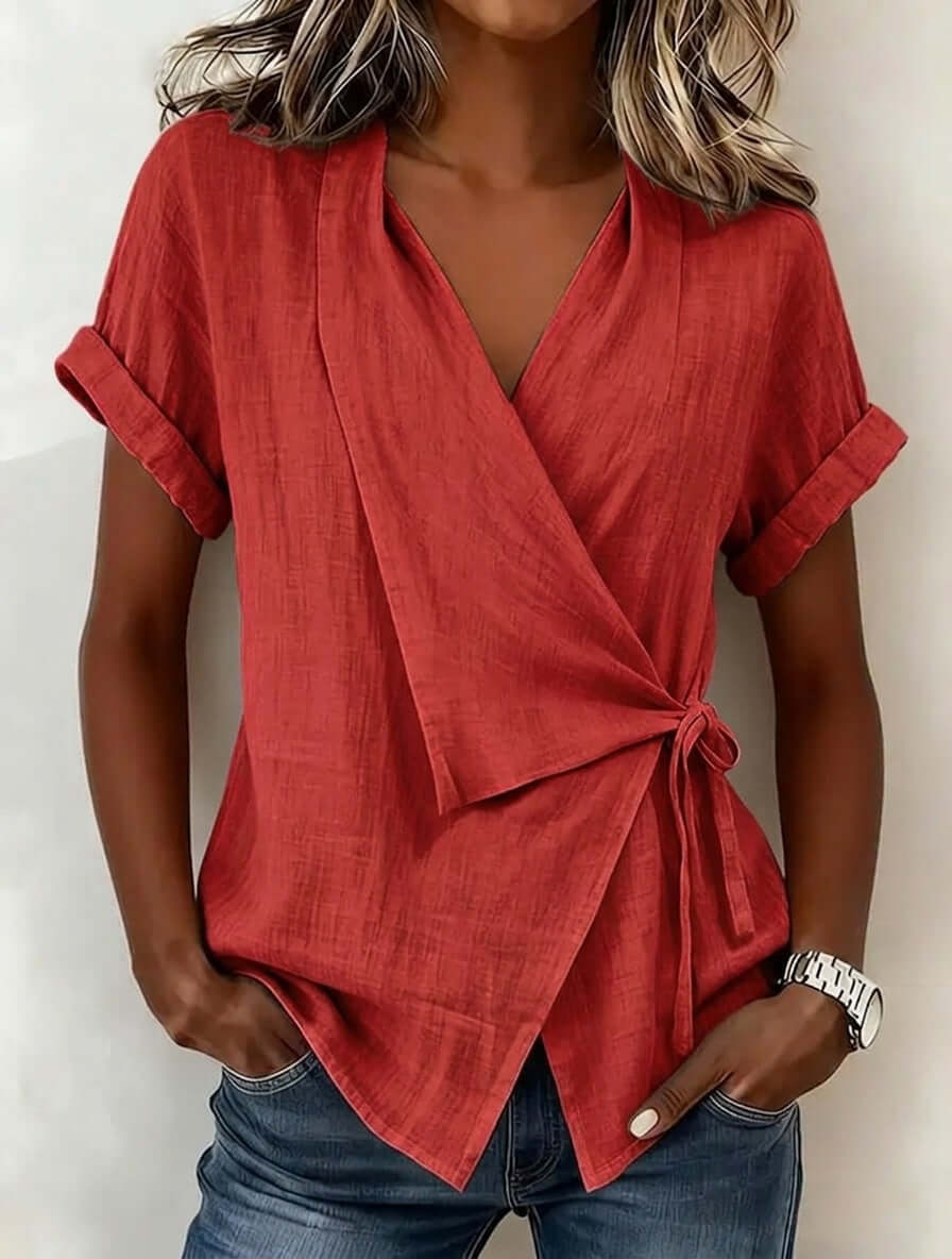 Women's Casual Lapel Collar Lace-Up Short-Sleeve Top