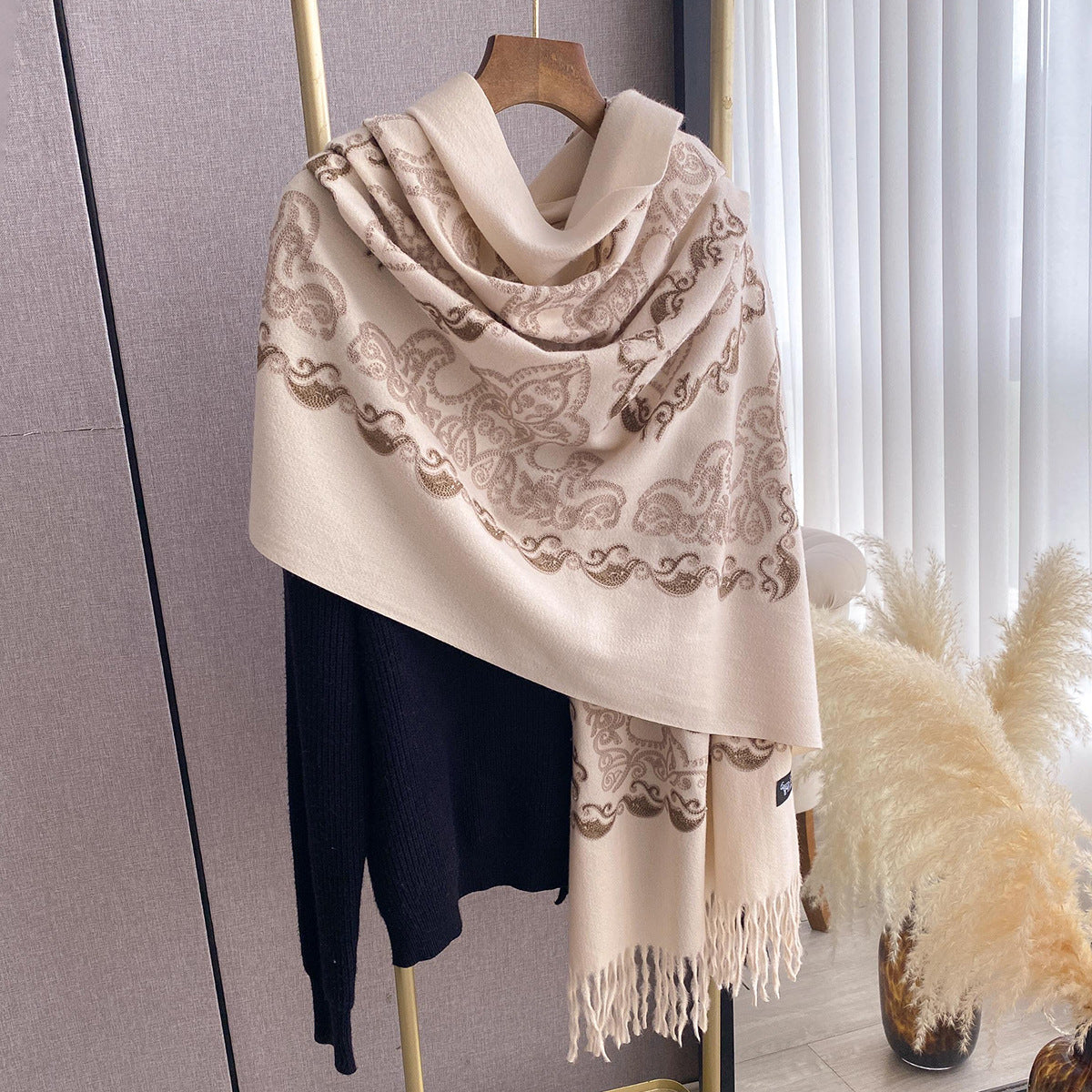 Women's High-End Warm Dual Embroidered Tassel Shawl