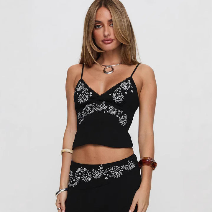 Womens 3D Embroidered Short Camisole Top