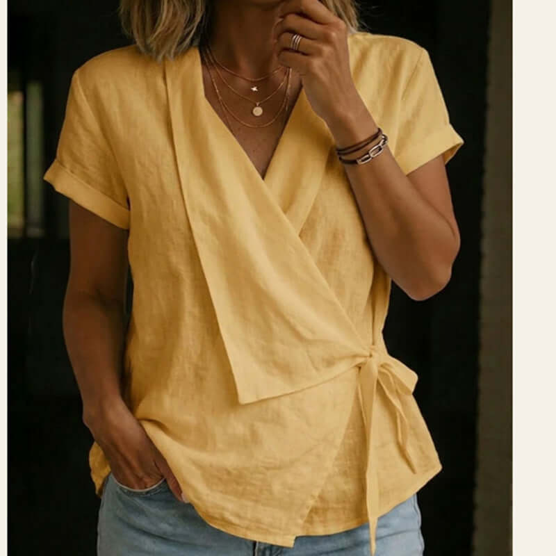 Women's Casual Lapel Collar Lace-Up Short-Sleeve Top