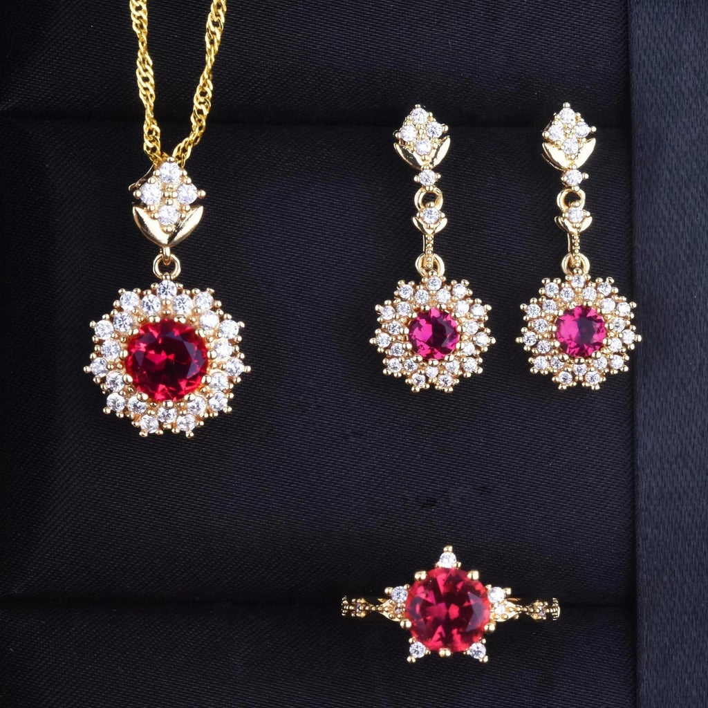 Women's Pomegranate Red Rings Pendants Earrings Set
