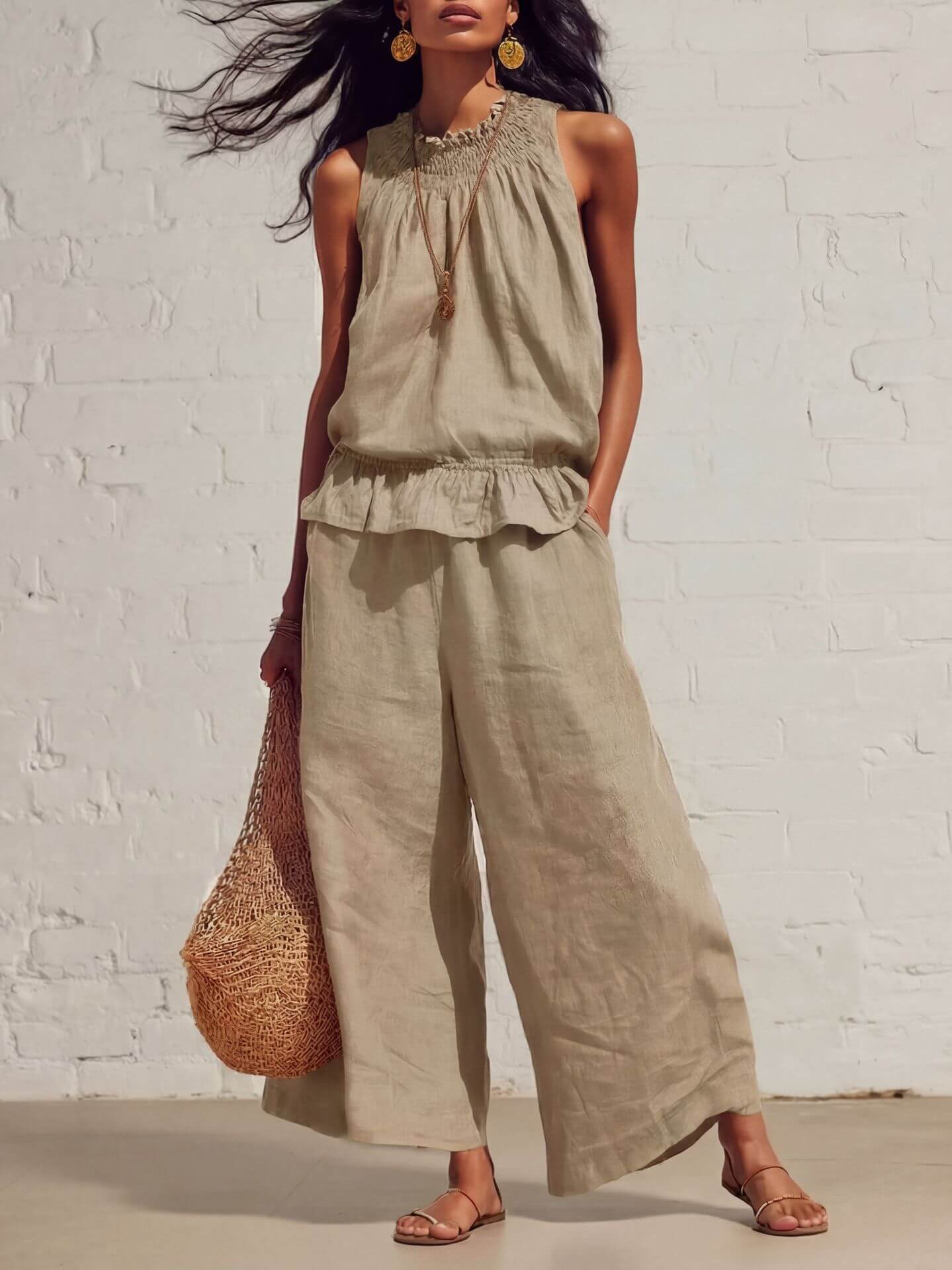 Women's Two-Piece Set Retro Ruffled Cotton Knitted