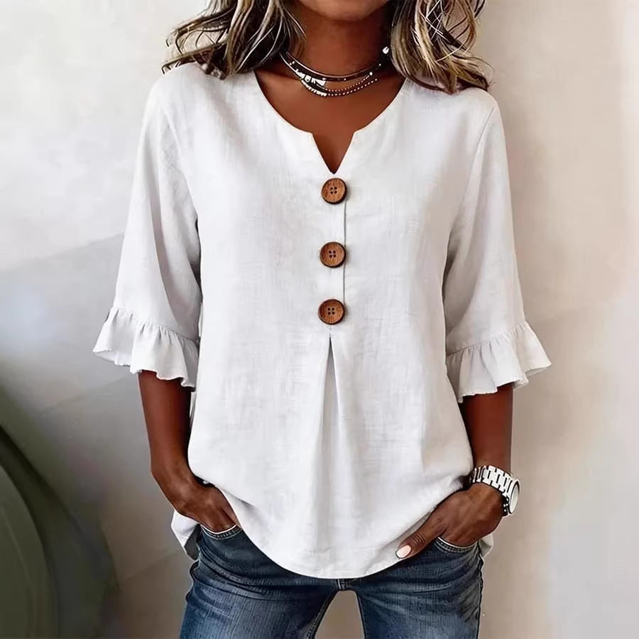 Women's V-neck Cotton-linen Button up Top
