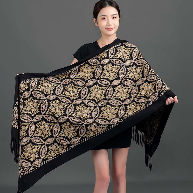 Women's Embroidered Golden Silk Lily Cashmere