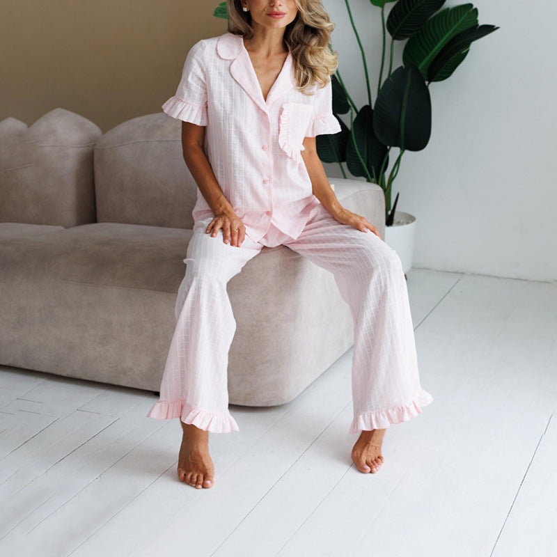 Women's Ruffled-edge Short-sleeve Pajama Set with Long Pants