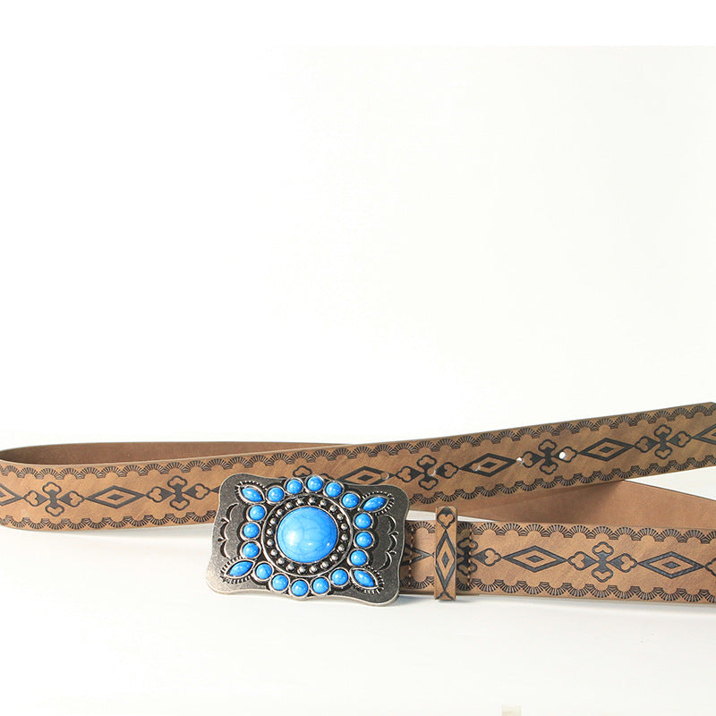 Embossed Antique Silver And Blue Turquoise Alloy Buckle Belt