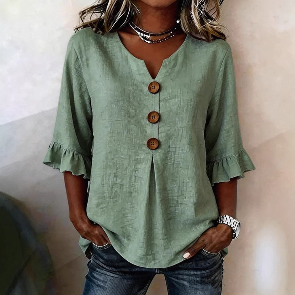 Women's V-neck Cotton-linen Button up Top