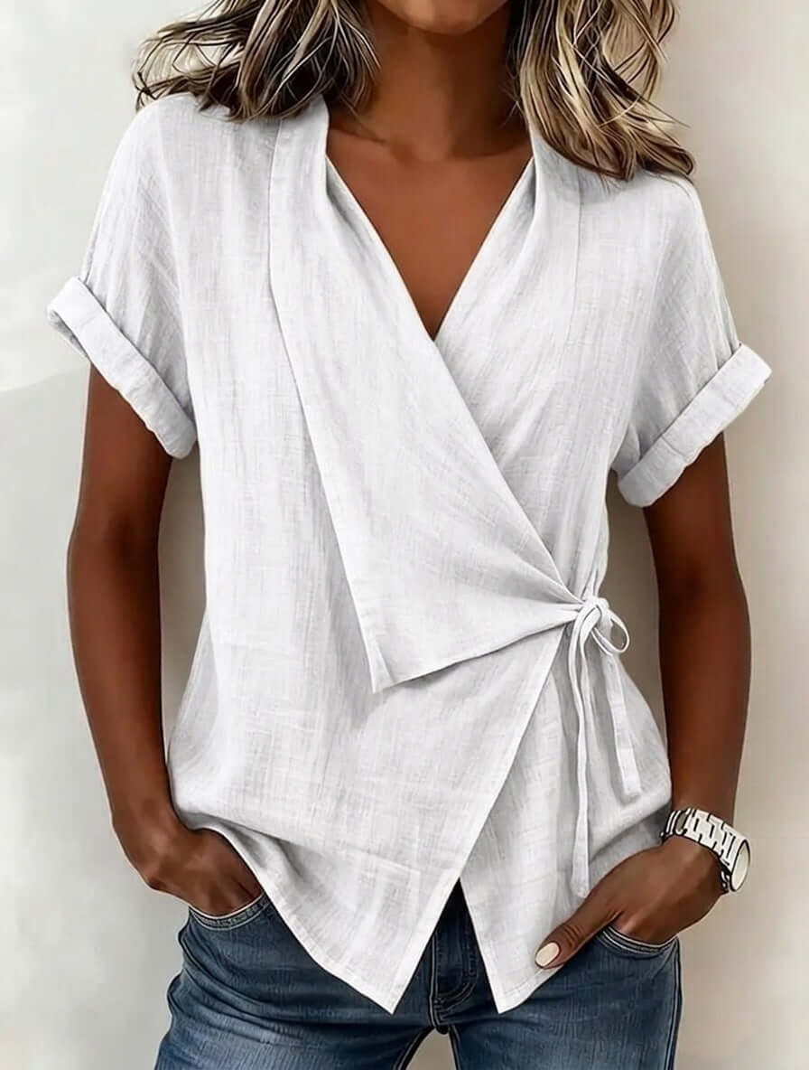 Women's Casual Lapel Collar Lace-Up Short-Sleeve Top