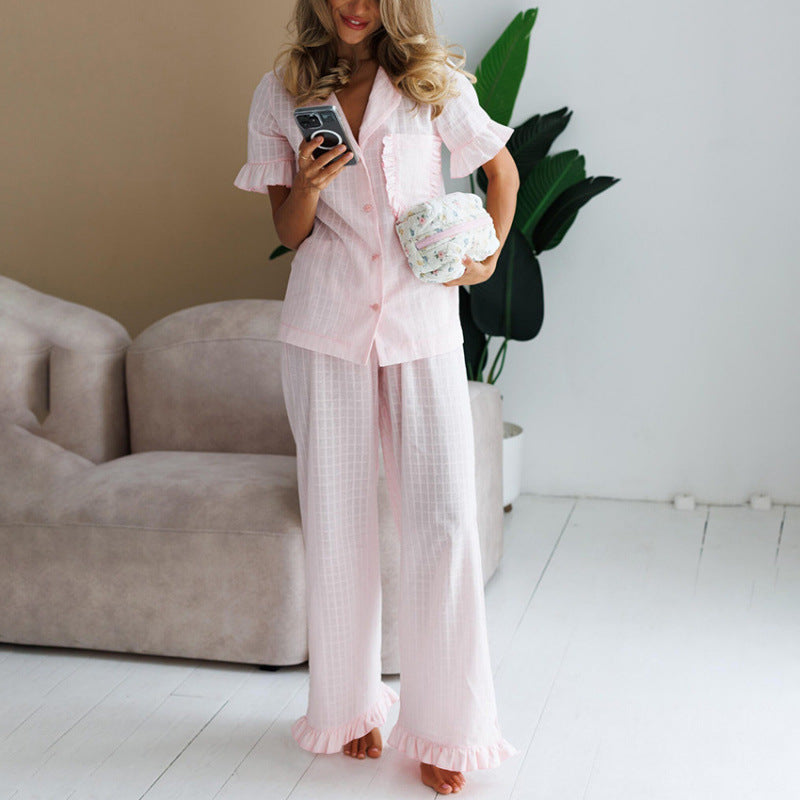 Women's Ruffled-edge Short-sleeve Pajama Set with Long Pants