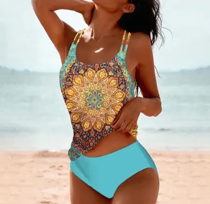 Vintage Printed Split High Waist Swimwear